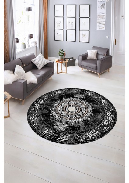 Dijital Baskılı Kaymaz Yıkanabilir Klasik Yuvarlak Mutfak Salon Halısı, N-Y-Klasik-25-Siyah, modelleri