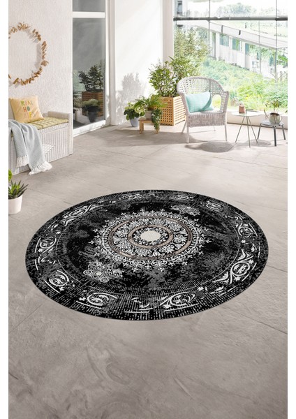 Dijital Baskılı Kaymaz Yıkanabilir Klasik Yuvarlak Mutfak Salon Halısı, N-Y-Klasik-25-Siyah, fırsatları
