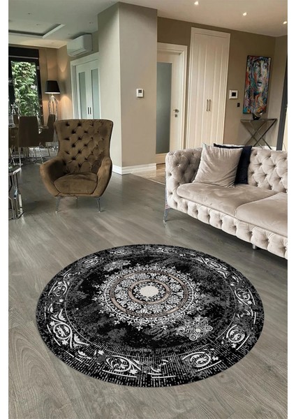 Dijital Baskılı Kaymaz Yıkanabilir Klasik Yuvarlak Mutfak Salon Halısı, N-Y-Klasik-25-Siyah, indirimleri