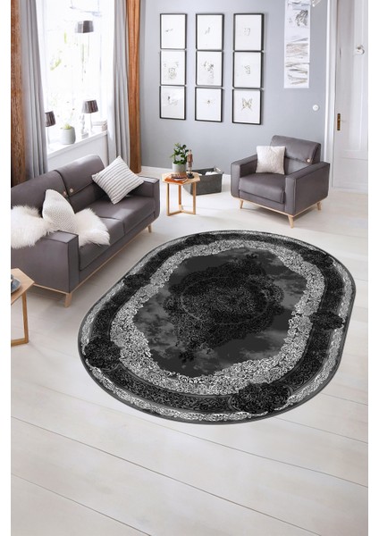 Dijital Baskılı Kaymaz Yıkanabilir Klasik Oval Yolluk Mutfak Salon Halısı, N-O-Klasik-01-Antrasit, modelleri