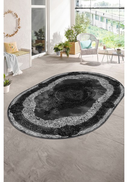 Dijital Baskılı Kaymaz Yıkanabilir Klasik Oval Yolluk Mutfak Salon Halısı, N-O-Klasik-01-Antrasit, fırsatları