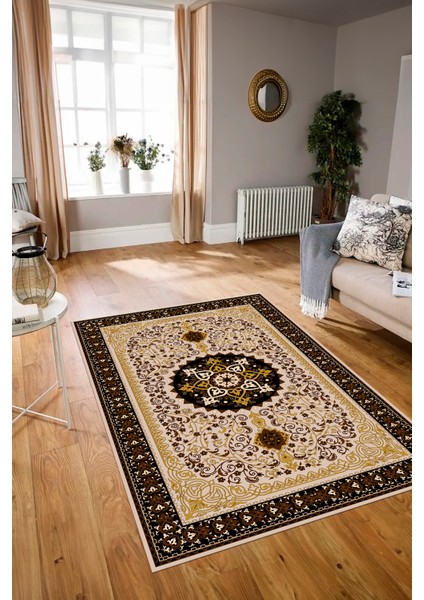 Dijital Baskılı Kaymaz Taban Yıkanabilir Klasik Yolluk Mutfak Salon Halısı, N-Klasik-27-Kahve,