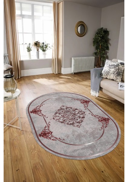 Dijital Baskılı Kaymaz Yıkanabilir Klasik Oval Yolluk Mutfak Salon Halısı, N-O-Klasik-05-Bordo,