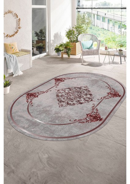 Dijital Baskılı Kaymaz Yıkanabilir Klasik Oval Yolluk Mutfak Salon Halısı, N-O-Klasik-05-Bordo, fırsatları