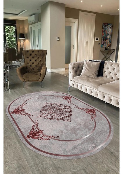 Dijital Baskılı Kaymaz Yıkanabilir Klasik Oval Yolluk Mutfak Salon Halısı, N-O-Klasik-05-Bordo, indirimleri