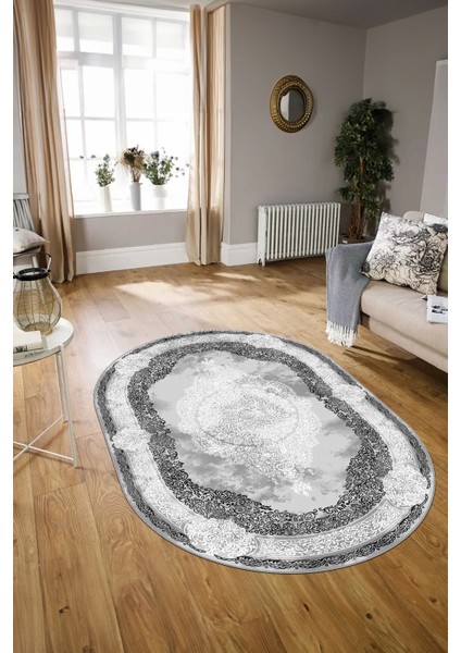 Dijital Baskılı Kaymaz Yıkanabilir Klasik Oval Yolluk Mutfak Salon Halısı, N-O-Klasik-01-Gri,