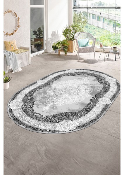 Dijital Baskılı Kaymaz Yıkanabilir Klasik Oval Yolluk Mutfak Salon Halısı, N-O-Klasik-01-Gri, fırsatları