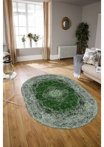 Dijital Baskılı Kaymaz Yıkanabilir Klasik Oval Yolluk Mutfak Salon Halısı, N-O-Klasik-07-Yeşil,