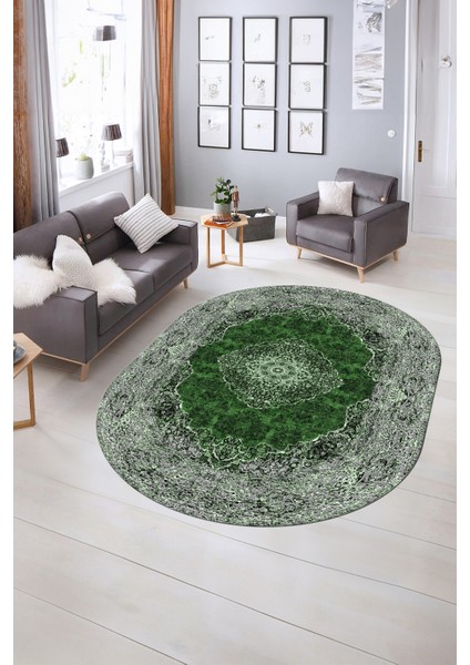 Dijital Baskılı Kaymaz Yıkanabilir Klasik Oval Yolluk Mutfak Salon Halısı, N-O-Klasik-07-Yeşil, modelleri