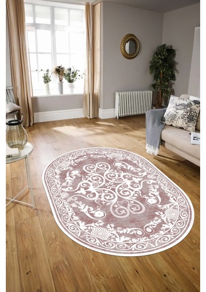 Dijital Baskılı Kaymaz Yıkanabilir Klasik Oval Yolluk Mutfak Salon Halısı, N-O-Klasik-09-Pembe,