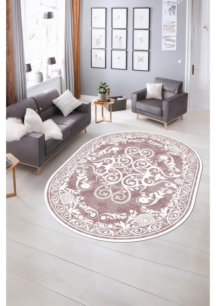 Dijital Baskılı Kaymaz Yıkanabilir Klasik Oval Yolluk Mutfak Salon Halısı, N-O-Klasik-09-Pembe, modelleri