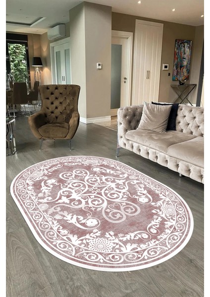 Dijital Baskılı Kaymaz Yıkanabilir Klasik Oval Yolluk Mutfak Salon Halısı, N-O-Klasik-09-Pembe, indirimleri