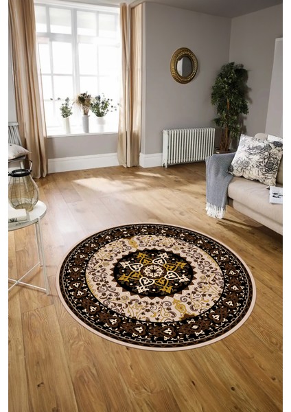 Dijital Baskılı Kaymaz Yıkanabilir Klasik Yuvarlak Mutfak Salon Halısı, N-Y-Klasik-27-Kahve,