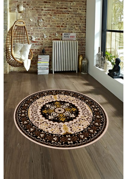 Dijital Baskılı Kaymaz Yıkanabilir Klasik Yuvarlak Mutfak Salon Halısı, N-Y-Klasik-27-Kahve, fiyatları