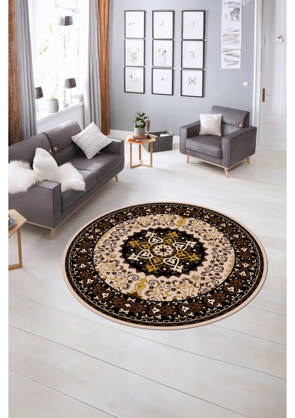 Dijital Baskılı Kaymaz Yıkanabilir Klasik Yuvarlak Mutfak Salon Halısı, N-Y-Klasik-27-Kahve, modelleri