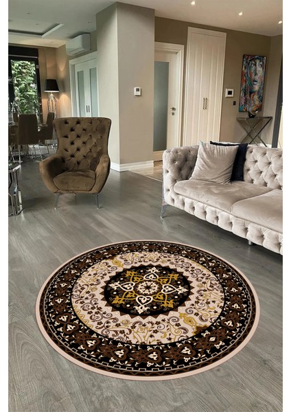 Dijital Baskılı Kaymaz Yıkanabilir Klasik Yuvarlak Mutfak Salon Halısı, N-Y-Klasik-27-Kahve, indirimleri