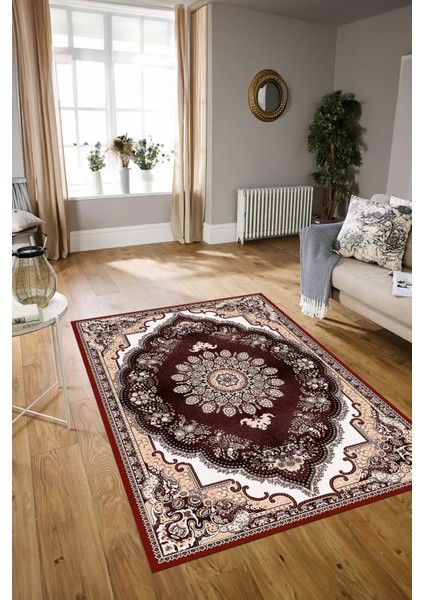 Dijital Baskılı Kaymaz Taban Yıkanabilir Klasik Yolluk Mutfak Salon Halısı, N-Klasik-13-Bordo,