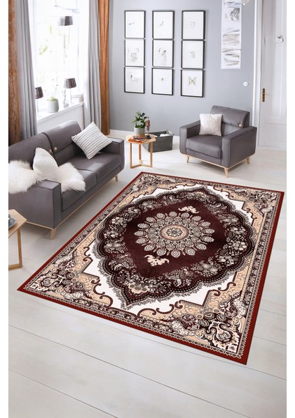Dijital Baskılı Kaymaz Taban Yıkanabilir Klasik Yolluk Mutfak Salon Halısı, N-Klasik-13-Bordo,
