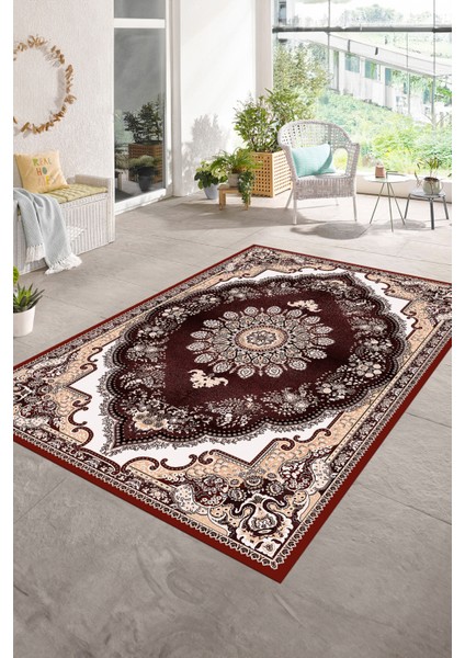 Dijital Baskılı Kaymaz Taban Yıkanabilir Klasik Yolluk Mutfak Salon Halısı, N-Klasik-13-Bordo,