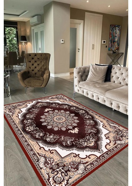 Dijital Baskılı Kaymaz Taban Yıkanabilir Klasik Yolluk Mutfak Salon Halısı, N-Klasik-13-Bordo,