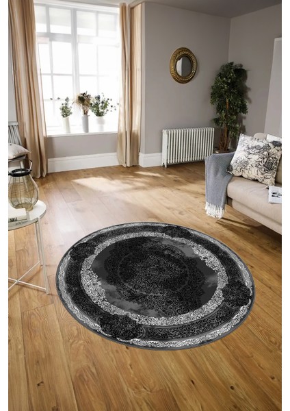 Dijital Baskılı Kaymaz Yıkanabilir Klasik Yuvarlak Mutfak Salon Halısı, N-Y-Klasik-01-Antrasit,