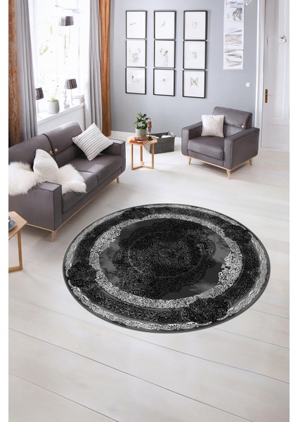 Dijital Baskılı Kaymaz Yıkanabilir Klasik Yuvarlak Mutfak Salon Halısı, N-Y-Klasik-01-Antrasit, modelleri