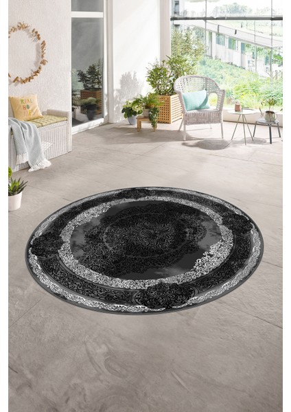 Dijital Baskılı Kaymaz Yıkanabilir Klasik Yuvarlak Mutfak Salon Halısı, N-Y-Klasik-01-Antrasit, fırsatları