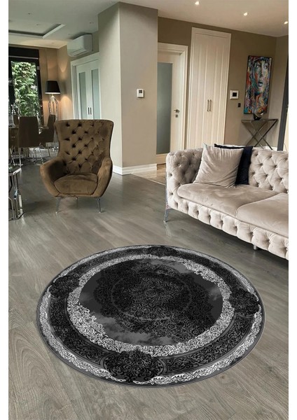Dijital Baskılı Kaymaz Yıkanabilir Klasik Yuvarlak Mutfak Salon Halısı, N-Y-Klasik-01-Antrasit, indirimleri