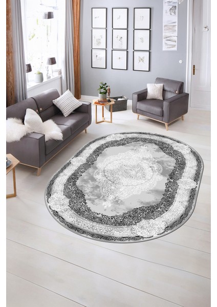 Dijital Baskılı Kaymaz Yıkanabilir Klasik Oval Yolluk Mutfak Salon Halısı, N-O-Klasik-01-Gri, modelleri