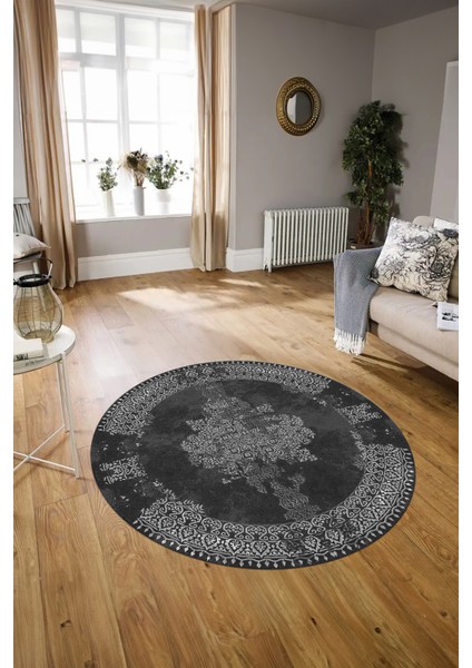 Dijital Baskılı Kaymaz Yıkanabilir Klasik Yuvarlak Mutfak Salon Halısı, N-Y-Klasik-22-Antrasit,
