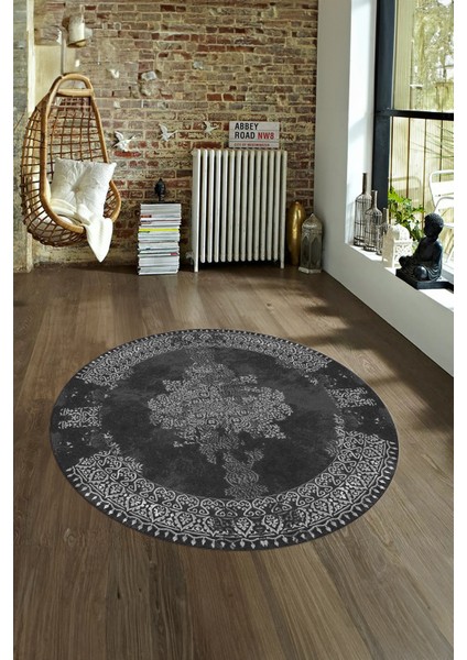 Dijital Baskılı Kaymaz Yıkanabilir Klasik Yuvarlak Mutfak Salon Halısı, N-Y-Klasik-22-Antrasit, fiyatları