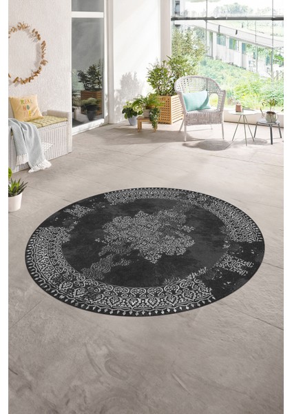 Dijital Baskılı Kaymaz Yıkanabilir Klasik Yuvarlak Mutfak Salon Halısı, N-Y-Klasik-22-Antrasit, fırsatları