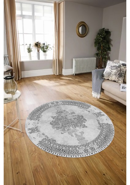 Dijital Baskılı Kaymaz Yıkanabilir Klasik Yuvarlak Mutfak Salon Halısı, N-Y-Klasik-22-Gri,