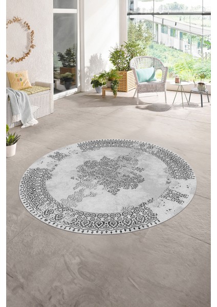 Dijital Baskılı Kaymaz Yıkanabilir Klasik Yuvarlak Mutfak Salon Halısı, N-Y-Klasik-22-Gri, fırsatları