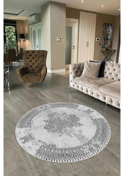 Dijital Baskılı Kaymaz Yıkanabilir Klasik Yuvarlak Mutfak Salon Halısı, N-Y-Klasik-22-Gri, indirimleri