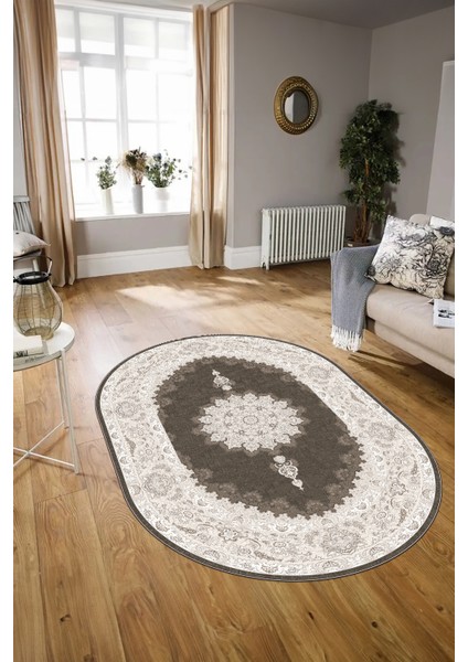 Dijital Baskılı Kaymaz Yıkanabilir Klasik Oval Yolluk Mutfak Salon Halısı, N-O-Klasik-03-Kahve,