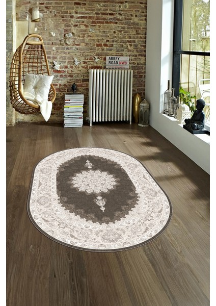 Dijital Baskılı Kaymaz Yıkanabilir Klasik Oval Yolluk Mutfak Salon Halısı, N-O-Klasik-03-Kahve,