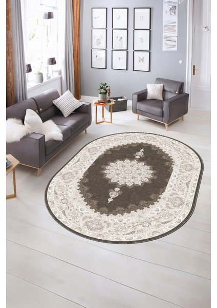 Dijital Baskılı Kaymaz Yıkanabilir Klasik Oval Yolluk Mutfak Salon Halısı, N-O-Klasik-03-Kahve,