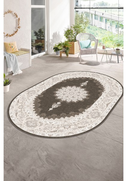 Dijital Baskılı Kaymaz Yıkanabilir Klasik Oval Yolluk Mutfak Salon Halısı, N-O-Klasik-03-Kahve,