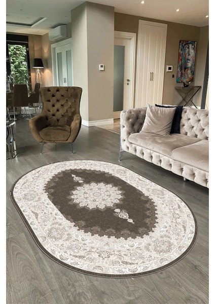Dijital Baskılı Kaymaz Yıkanabilir Klasik Oval Yolluk Mutfak Salon Halısı, N-O-Klasik-03-Kahve,