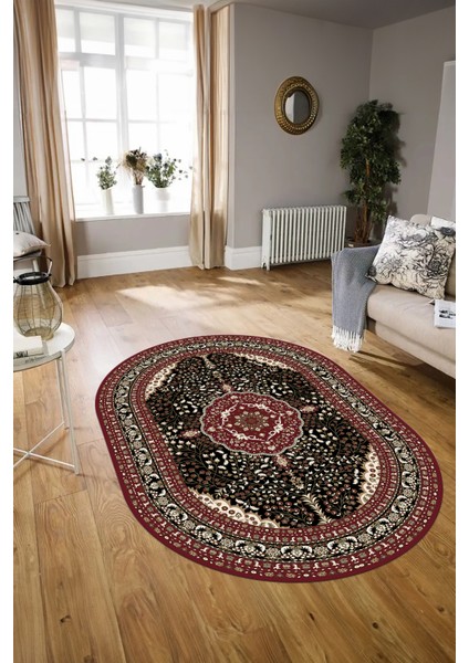 Dijital Baskılı Kaymaz Yıkanabilir Klasik Oval Yolluk Mutfak Salon Halısı, N-O-Klasik-26-Bordo,