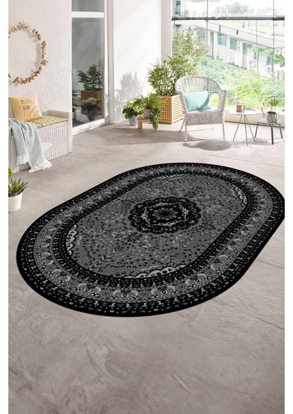 Dijital Baskılı Kaymaz Yıkanabilir Klasik Oval Yolluk Mutfak Salon Halısı, N-O-Klasik-26-Siyah, fırsatları