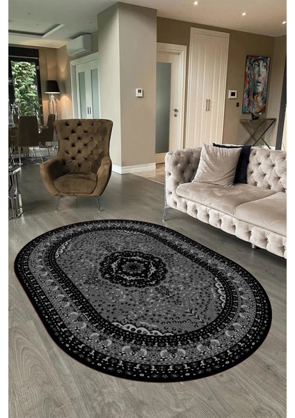 Dijital Baskılı Kaymaz Yıkanabilir Klasik Oval Yolluk Mutfak Salon Halısı, N-O-Klasik-26-Siyah, indirimleri