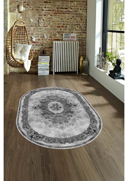 Dijital Baskılı Kaymaz Yıkanabilir Klasik Oval Yolluk Mutfak Salon Halısı, N-O-Klasik-29-Gri,