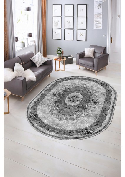 Dijital Baskılı Kaymaz Yıkanabilir Klasik Oval Yolluk Mutfak Salon Halısı, N-O-Klasik-29-Gri,