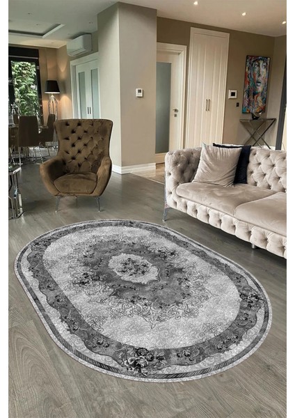 Dijital Baskılı Kaymaz Yıkanabilir Klasik Oval Yolluk Mutfak Salon Halısı, N-O-Klasik-29-Gri,