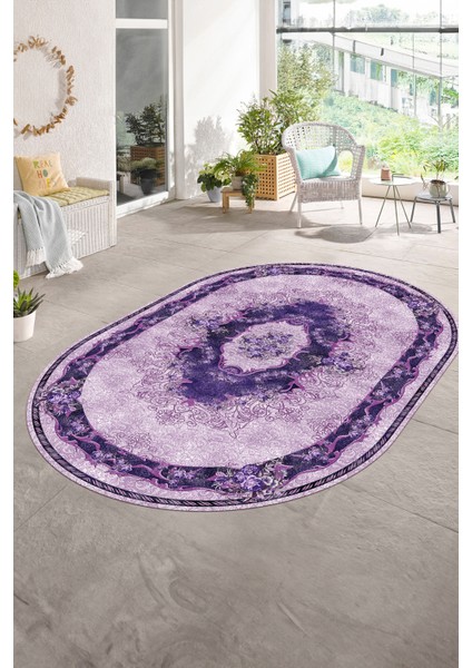 Dijital Baskılı Kaymaz Yıkanabilir Klasik Oval Yolluk Mutfak Salon Halısı, N-O-Klasik-29-Mor, fırsatları