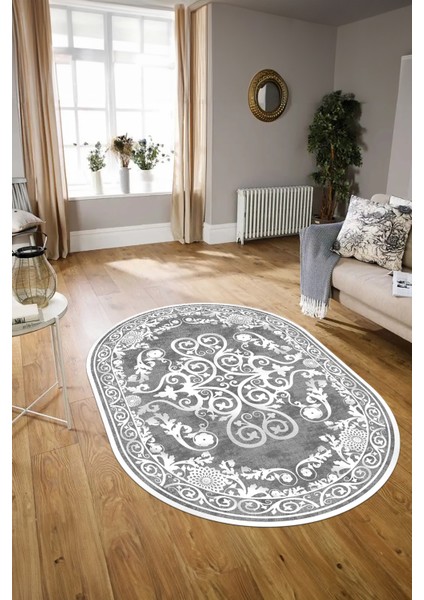 Dijital Baskılı Kaymaz Yıkanabilir Klasik Oval Yolluk Mutfak Salon Halısı, N-O-Klasik-09-Gri,