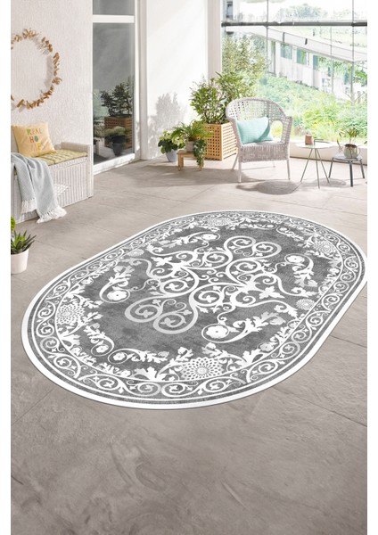 Dijital Baskılı Kaymaz Yıkanabilir Klasik Oval Yolluk Mutfak Salon Halısı, N-O-Klasik-09-Gri, fırsatları
