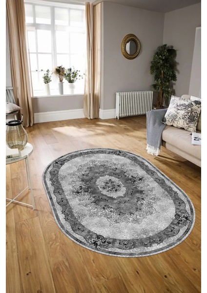 Dijital Baskılı Kaymaz Yıkanabilir Klasik Oval Yolluk Mutfak Salon Halısı, N-O-Klasik-29-Gri,